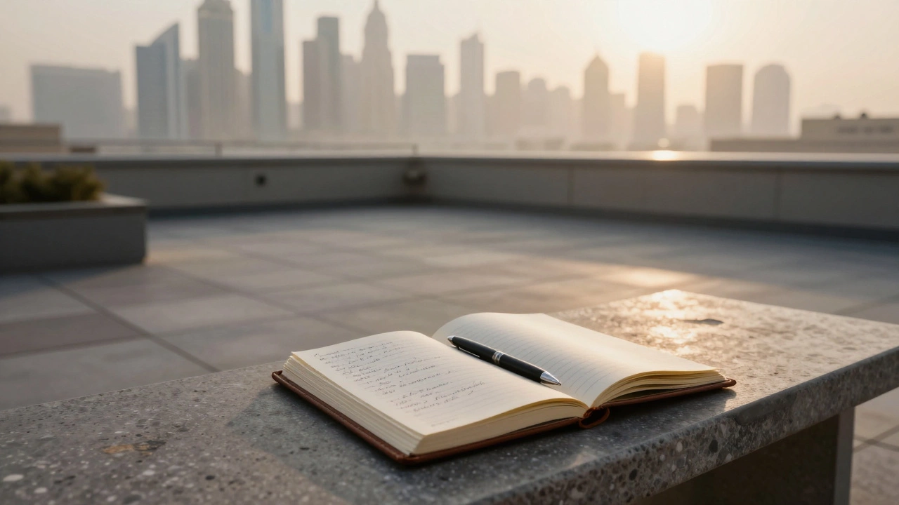 An open journal on a rooftop bench at dawn, pen beside it, overlooking Dubai’s skyline as the sun rises.