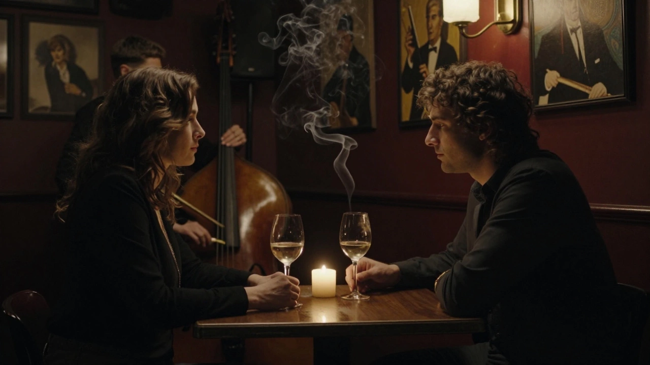 Candlelight illuminates a quiet dinner in a Montmartre jazz club, two people sharing a moment without words.