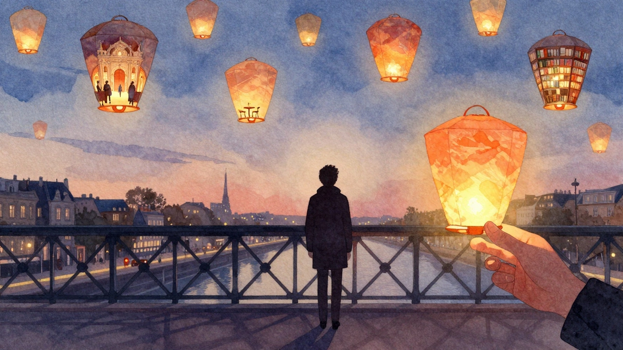 Silhouetted figure on a bridge at dusk, surrounded by floating lanterns representing shared moments in Paris.