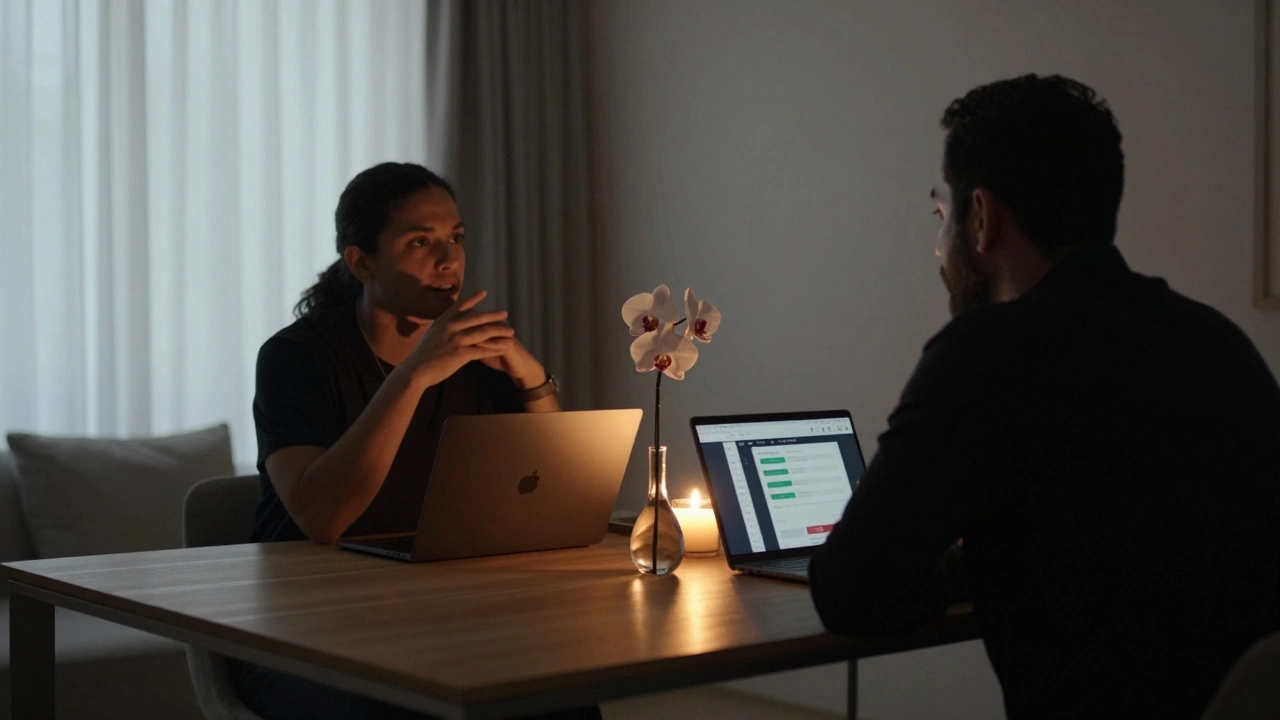 Two silhouettes converse quietly in a candlelit room, no faces visible, only emotional presence captured in posture.